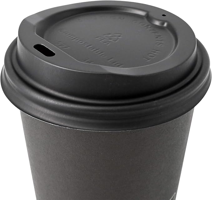 BIOZOYG Takeaway coffee cup lids Ø 80 mm I 50 lids for paper cups made of CPLA bioplastic 100% bioplastic, compostable I hole straw lid black flat cup