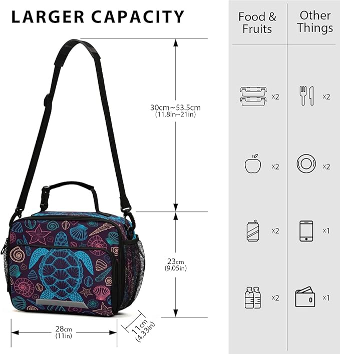 MNSRUU Turtle 11 Inch x 4.33 Inch x 9.05 Inch Insulated Lunch Bag with Adjustable Shoulder Strap, Keeps Food Warm or Cold for Hours