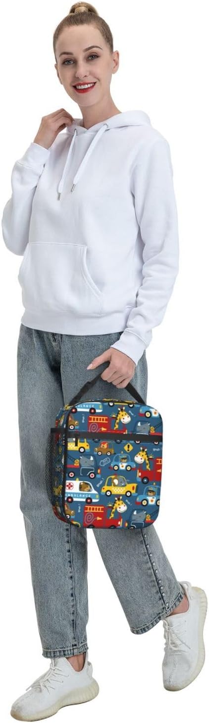 Insulated Lunch Box for Toddler Boys Kids Cars Lunch Box for Work,Picnic,School,Travel,Hiking,Beach or Fishing Polyester Funny Animal Driver Cars Theme Lunch Bag