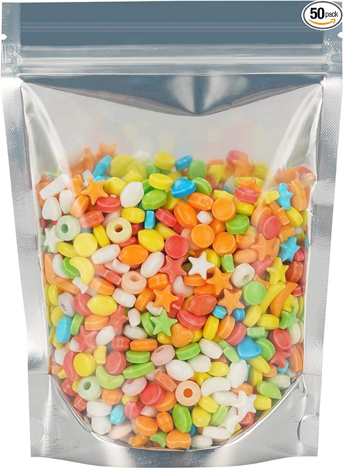 Vasdoo Reusable Aluminum Foil Stand Up Food Pouches Bags, Resealable Ziplock Mylar Bags for Food Storage (50 pcs, 5.9x8.6 inch)