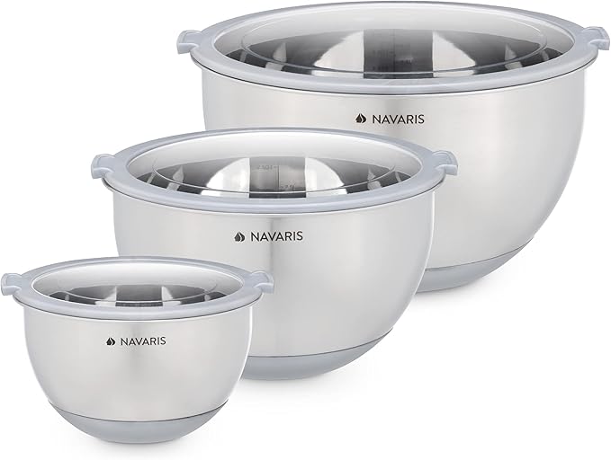 Navaris Stainless Steel Mixing Bowls with Lids (Set of 3) - Small, Medium and Large Mixing Bowl with Lid Set - 1.5 QT, 3 QT, 5 QT - Gray
