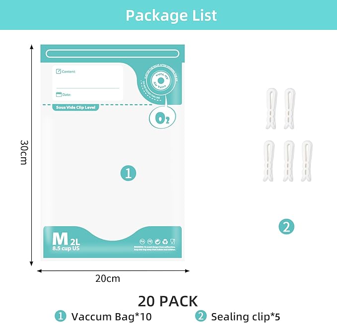 Sous Vide Bags Reusable, 20 PCS BPA Free Food Vacuum Sealer Bags, Double-sided 20C, Vacuum Zipper Bags for Sous Vide Cooking, 20pcs food storage bags & 4 Seal Clips (7.9x 11.8 Inch)
