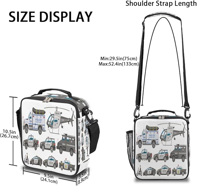 Police Car Lunch Box Kids Insulated Lunch Bag for Boys Girls, Reusable Waterproof Lunch Box with Adjustable Shoulder Strap Cooler Tote Bag for School, Work, Picnic