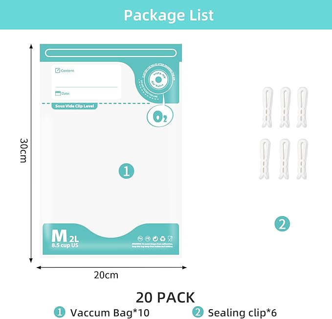 Sous Vide Bags Reusable, Vacuum Food Storage Bags 20 pcs (7.9 * 11.8in) Comes with 6 sealing sliders Thicken PA&PE material Double zipper Long-lasting freshness Bag for Cooking, Food Storage, M 20pcs