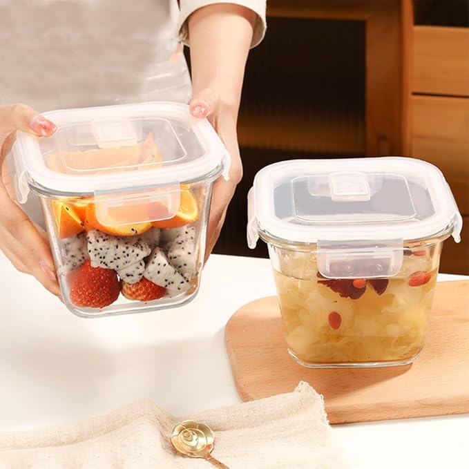 3.5Cup Glass Large Storage Container set, Glass Soup Container with Airtight Lids, Glass Food Prep Container, Leakproof Overnight Oats Jars, Microwave & Dishwasher Safe (2 Pack - Square)