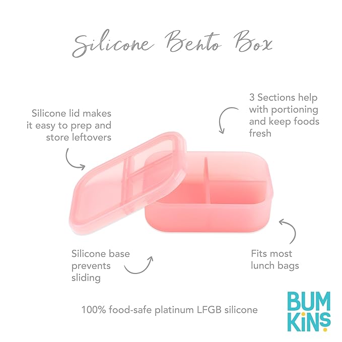 Bumkins Snack/Lunch Bento Box for Kids and Adults, 3 Compartment Container, Leak Proof Lid, for Portioning, Large Section Can Hold Sandwich, Food-Safe LFGB Platinum Silicone, Microwave-Safe, Pink