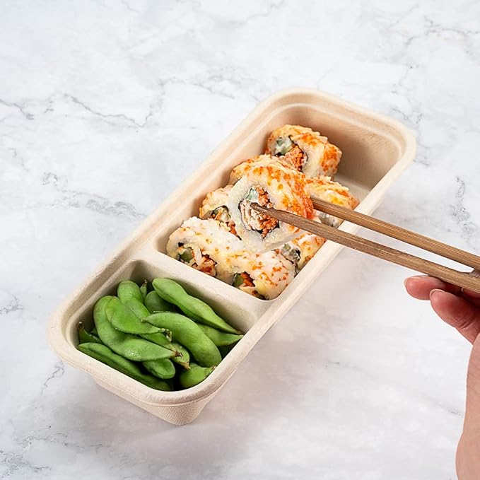 Restaurantware Pulp Tek 9.2 x 3.8 x 1.8 Inch Takeaway Food Boxes 100 Microwavable Take Out Containers - Lids Sold Separately Freezable Bagasse Catering Food Containers 2 Compartments 17 Ounces