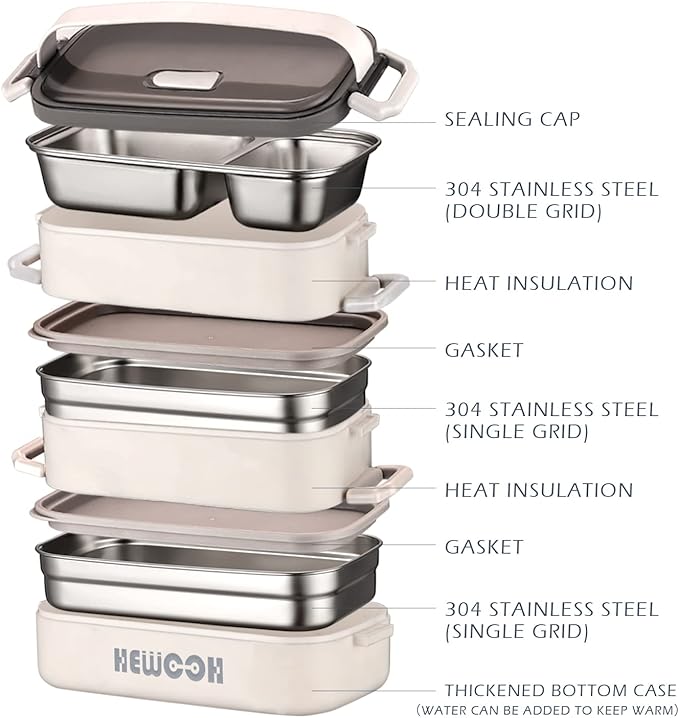 HEWOOH Large Bento Box Adult Lunch Box (74 Oz Large Capacity), Reusable, Including Lunch Bag, Fork And Spoon, 3 Dividers, Suitable For Work, Picnic, Dishwasher And Microwave Safe.(White)