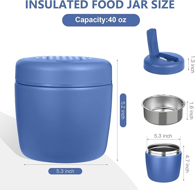 Thermo for Hot Food 32oz, Vacuum Insulated Food Jar for Adults, Stainless Steel Soup Thermo Wide Mouth Leakproof Lunch Containers with Spoon for School Office, Blue