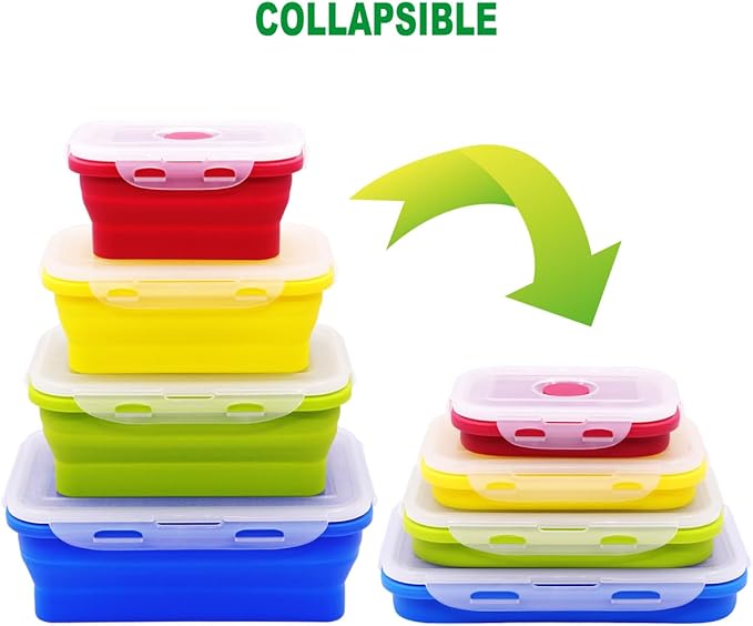 Set of 4 Collapsible Silicone Food Storage Containers With Lids,Leftover Meal Box For Kitchen, Microwave,Dishwasher and Freezer Safe, Foldable Bento Lunch Boxes, BPA Free