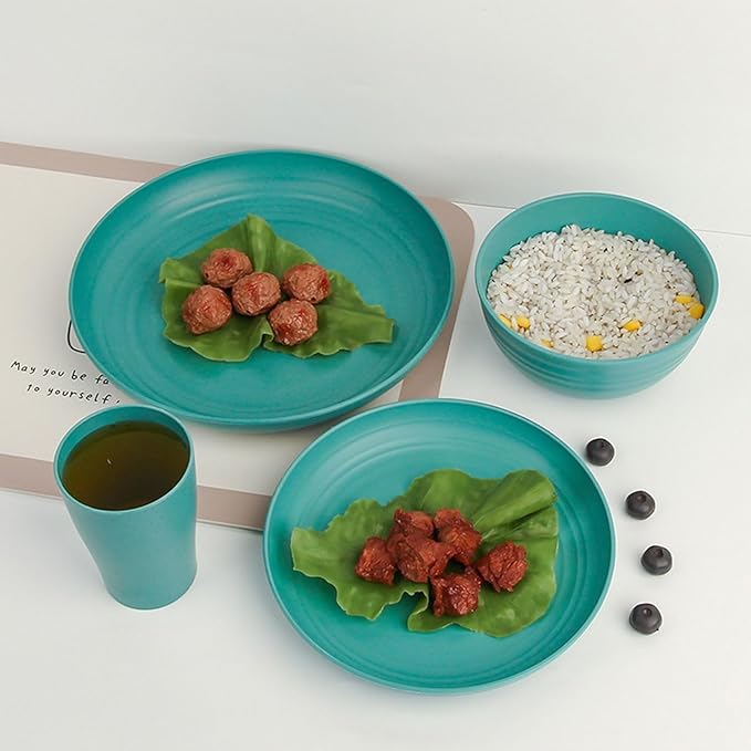 4pcs Unbreakable Wheat Straw Dinnerware Sets with Cutlery Set, Reusable Lightweight Green Microwave Dishwasher Safe Tableware for Travel,Camping,Kitchen,RV,Apartment,Dorm,Party