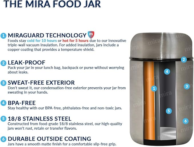 MIRA 2 Pack Insulated Food Jar Thermos for Hot Food & Soup, Compact Stainless Steel Vacuum Lunch Container, 13.5 oz, Pearl Blue, Olive Green
