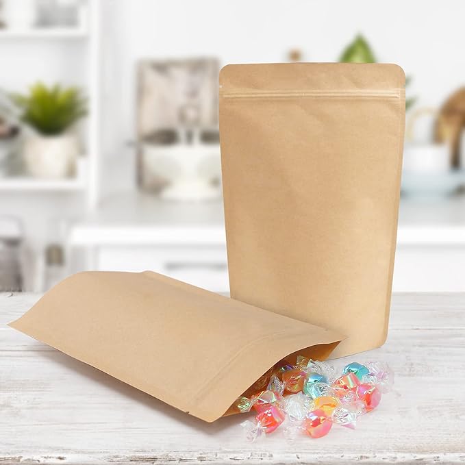 SumDirect Kraft Stand Up Pouches - 50 Pack 6x9inch Self-Sealing Zipper Food Storage Reusable Bags with Foil Lined for Home or Business