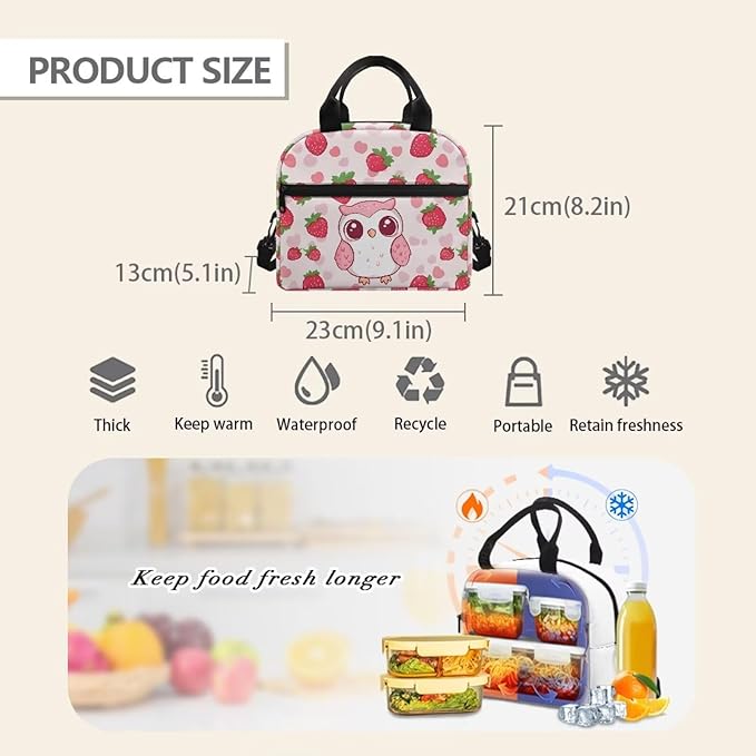 Showudesigns Owl Lunch Bag for Kids Girls Lunch Boxes for School 10-12 Strawberry Bento Cooler Bag Cute Insulated Lunchbox Container Picnic Bags Crossbody Purse Pink