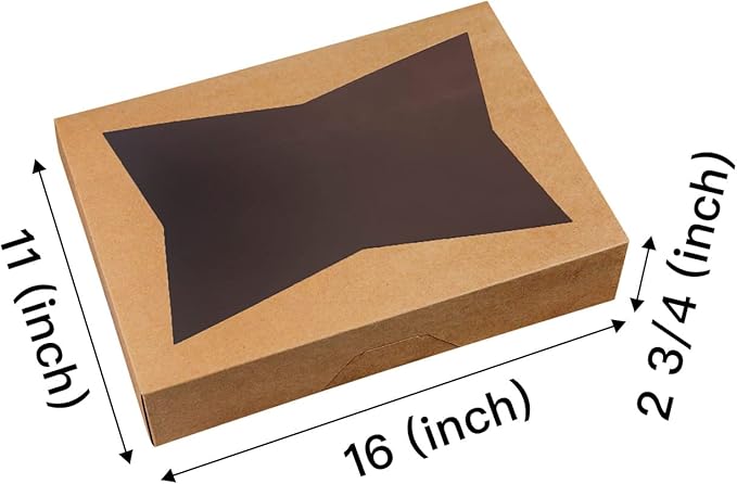8-PACK Brown Pastry Bakery Box 16x11x2.75inch,Large Donuts,Muffins,Cookies Boxes with Window Auto-Pop up Paper Box Nature Cardboard Take Out Container,Hold 12 Donuts,Pack of 8