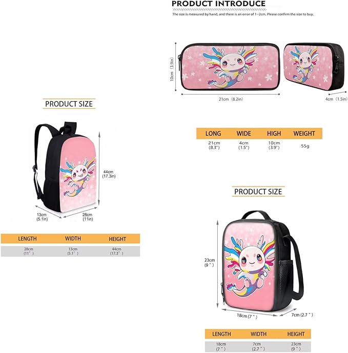 Dolyues Colorful Axolotl 17-Inch Waterproof College Backpack Set - Includes Lunch Box & Black Pencil Case - 3-Piece Bookbag for Students