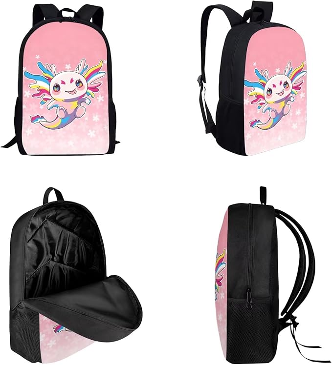 Dolyues Colorful Axolotl 17-Inch Waterproof College Backpack Set - Includes Lunch Box & Black Pencil Case - 3-Piece Bookbag for Students
