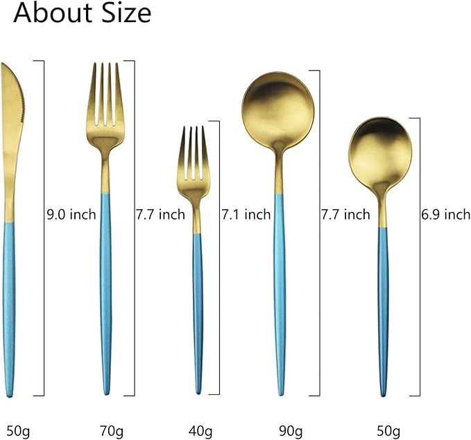 JASHII Luxury 18/10 Blue Handle Flatware Gold Silverware Set 304 Stainless Steel Flatware Cutlery Set| 5-Piece Adaline Royal Modern Satin Finish| BEST Birthday Wedding Gift (Blue Handle Matte Gold)