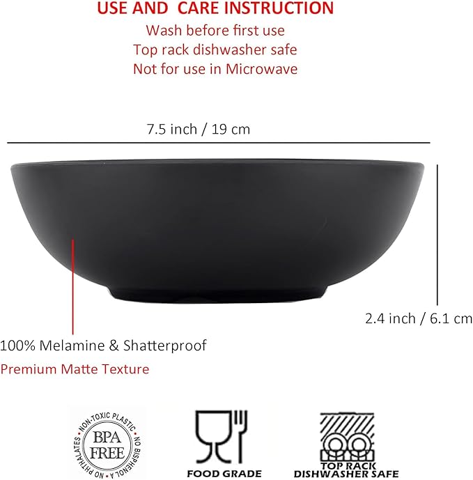 KOXIN-KARLU Melamine Bowls, 7.5-inch Pasta Bowls Salad Bowl, set of 6 Black