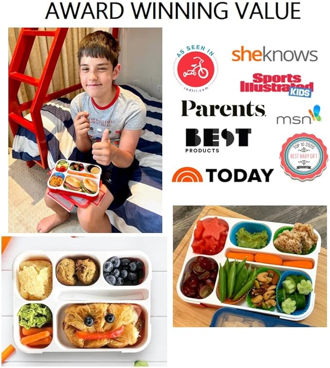 Bento Lunch Box for Kids: Leakproof Lunch Boxes, Snack Containers for Boys, Girls with 6 Compartments - School, Daycare, Meal Planning Portion Container, BPA-Free Boxes, Utensils, Red Navy Blue Set