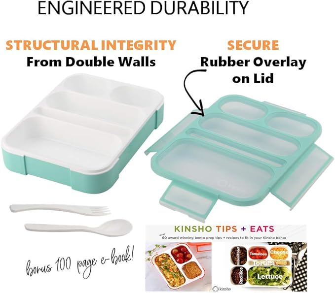 Kinsho Bento Box for Adults and Kids, Leakproof Lunch-Boxes with Custom Fit Spoon and Fork, Portion Control Container, BPA Free, Green + Orange, 5 Compartments, 2 Pack