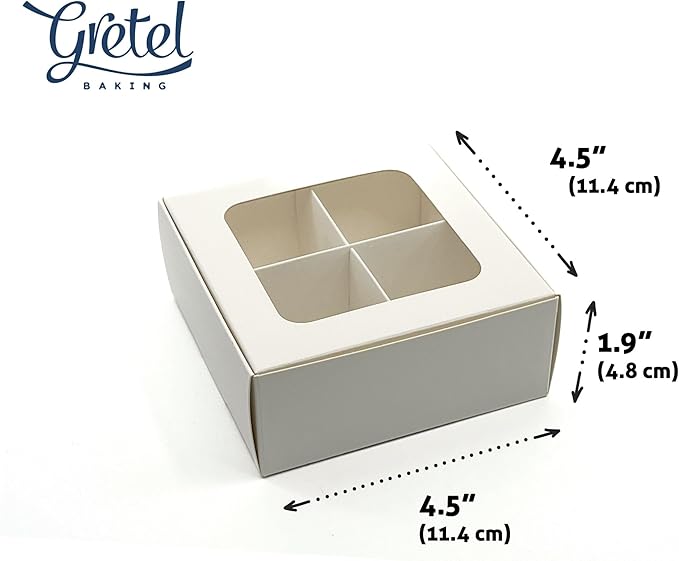 Treat boxes with window and dividers | 4 SMALL compartments | 4.5 x 4.5 x 1.9 in | Chocolate covered strawberries supplies, macaron boxes, baked goods packaging | 20-pack (White)