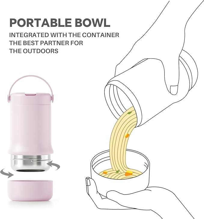 Ideus 20 oz Insulated Soup Thermo with Foldable Spolk and Bowl, All-in-one Stainless Steel Vacuum Thermal Food Jar for Lunch, Leakproof Bento Lunchbox Portable Soup Container (Light Pink)