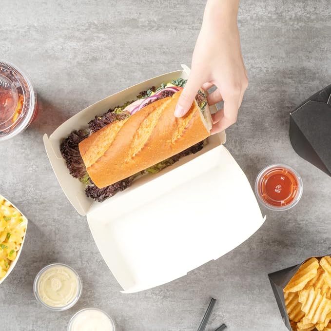Restaurantware Bio Tek 6.7 x 3.5 x 3.5 Inch Clamshell Food Containers 100 Disposable Sandwich Containers - Hinged Lid Tab-Lock Closure Newsprint Paper Hot Dog Containers Recyclable Greaseproof