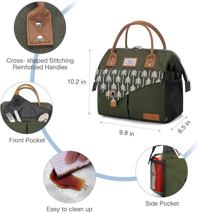 Lekesky Insulated Lunch Bag Portable Lunch Box for Office Work Picnic Beach Workout Reusable Tote Lunch Bag Organizer for Women Adult, Green