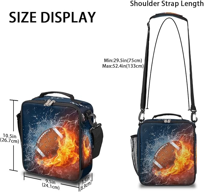 American Football Kids Lunch Box Flame Football Insulated Lunch Bag for Boys Girls Reusable Food Container Tote Cooler Warm Pouch for School work Office Beach