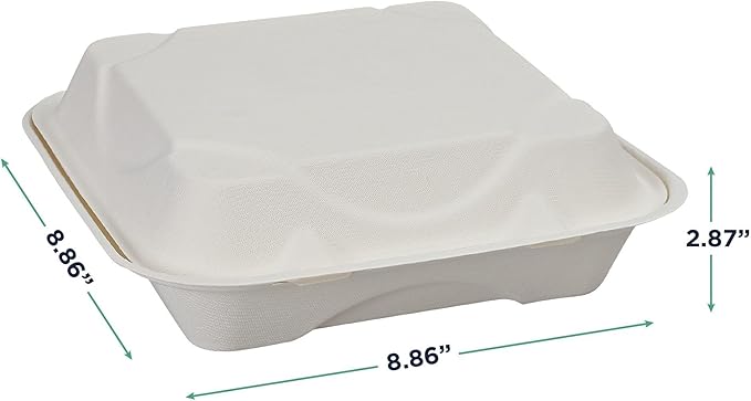 ECO PRODUCTS Compostable Vanguard 9" Clamshell To Go Containers, Case of 200, Square Take Out Food Box, White Renewable Molded Fiber, Grease Resistant, No-Added PFAS, ASTM Compliant, BPI-Certified