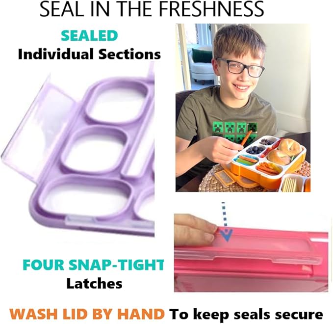 6 Compartment Lunch Boxes. Bento Box Lunchbox Snack Containers for Kids, Boys Girls Adults. School Daycare Meal Planning Portion Control Container. Leakproof BPA-Free. Set of 3, Pink Purple Orange