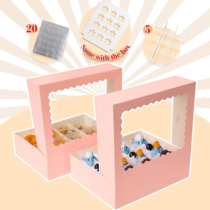 qiqee Pink 12 Cupcake Boxes with Window 21-Packs Cupcake Box 13"x10"x3.5" Cupcakes Carrier, 12 Cupcake Containers