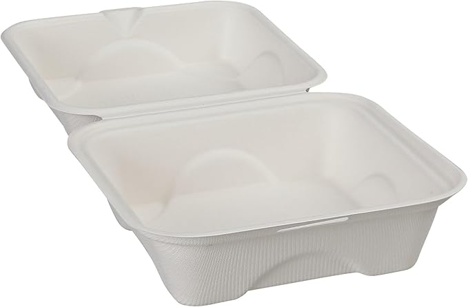 Eco-Products Compostable Vanguard 6" Clamshell Sandwich Containers, Case of 500, To Go Food Burger Box, White Renewable Molded Fiber, Grease Resistant, No-Added PFAS, ASTM Compliant, BPI-Certified