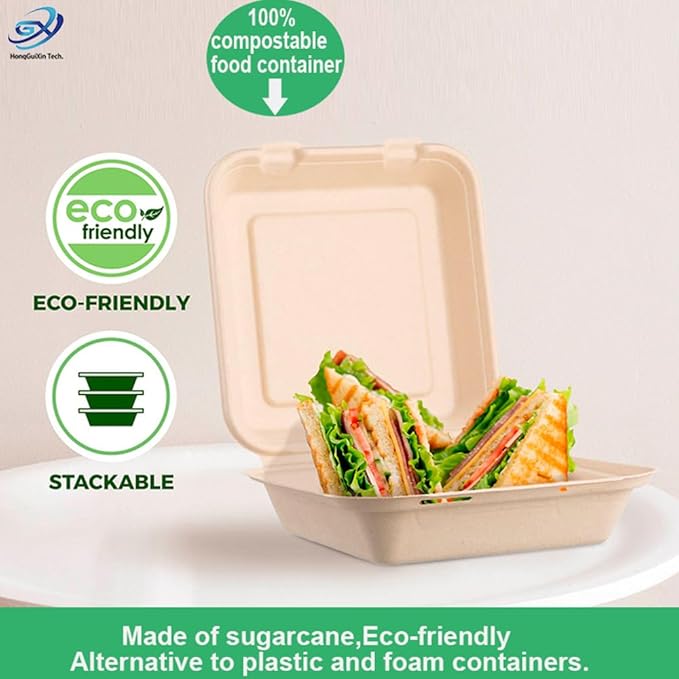 Dhaey HGX Food Storage Container, Biodegradable, Grease-Proof 6x6 Clamshell Small Togo Containers, Small Take Out Boxes 50pk. Disposable, Microwavable Take Out Container With Hinged Lid
