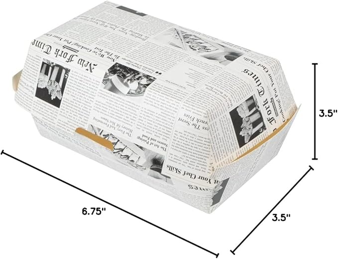Restaurantware Bio Tek 6.7 x 3.5 x 3.5 Inch Clamshell Food Containers 100 Disposable Sandwich Containers - Hinged Lid Tab-Lock Closure Newsprint Paper Hot Dog Containers Recyclable Greaseproof