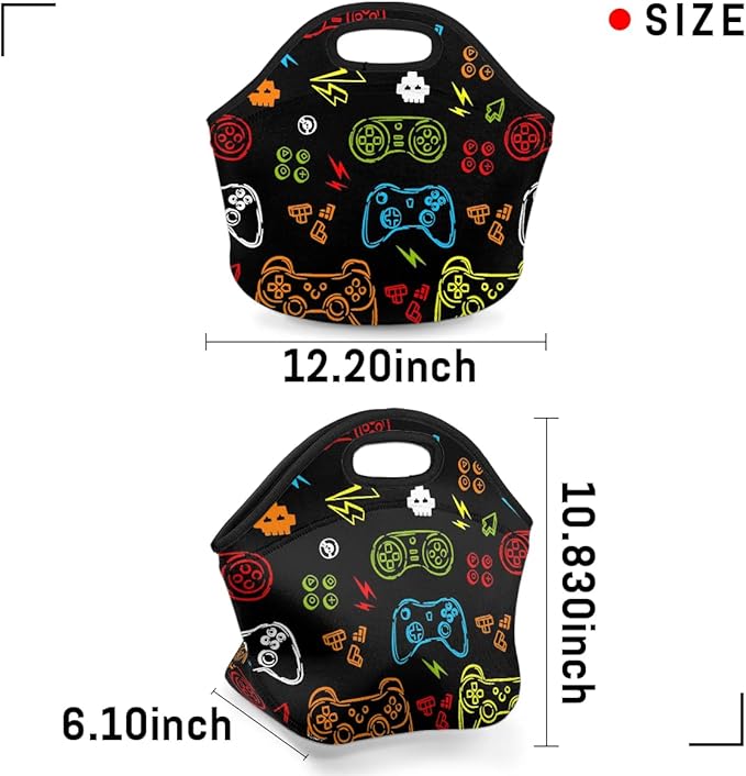 Kids Lunch Box for Boys Girls Video Games Insulated Neoprene Children Lunch Bags Sturdy Soft Bag & Reusable Cooler Lunch Thermal Meal Tote Kit for School