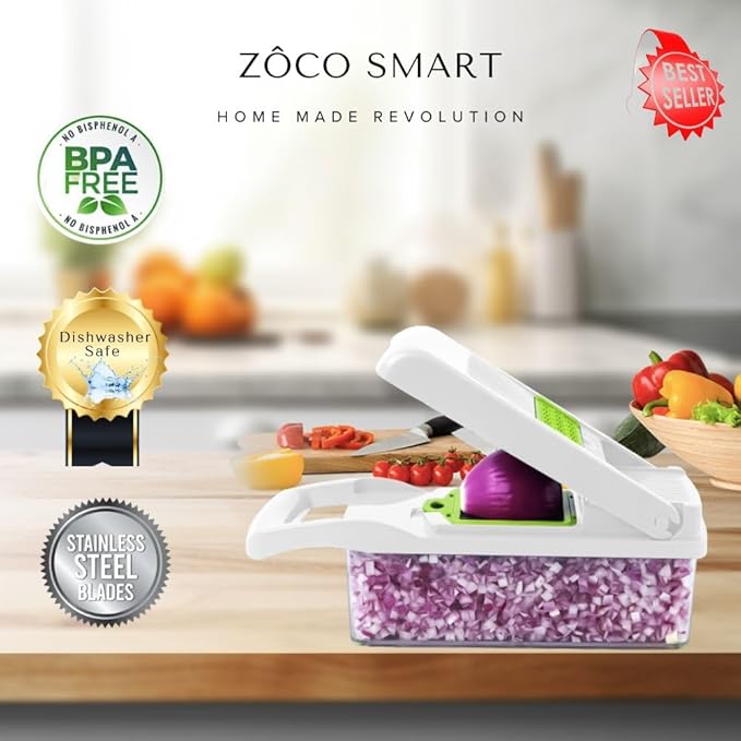 Vegetable Chopper, Mandoline slicer, with 8 blades 14 in 1, Food Chopper, French Fry Cutter, Onion Slicer, Vegetable Slicer, Mandoline Slicer for Kitchen, Kitchen and Dining, Mandoline By Zôco Smart