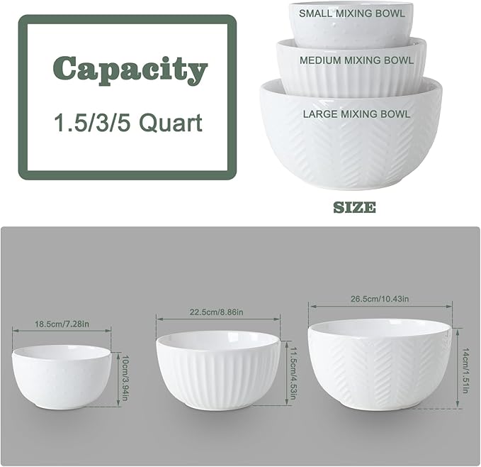 HAPPY KIT Ceramic Mixing Bowls Set, Nesting Bowls Set For Kitchen,Large 5/3/1.5 Quart Bowl Set of 3, Prep Serving Bowl for Baking and Mixing Salad,Oven, Microwave and Dishwasher Safe