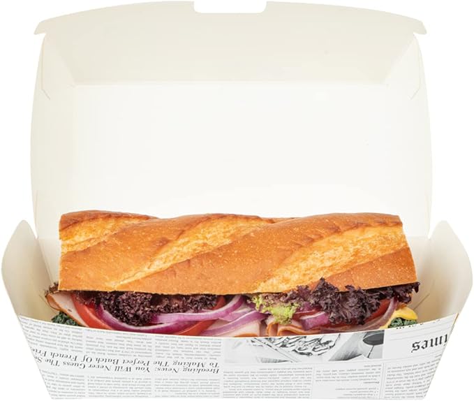 Restaurantware Bio Tek 6.7 x 3.5 x 3.5 Inch Clamshell Food Containers 100 Disposable Sandwich Containers - Hinged Lid Tab-Lock Closure Newsprint Paper Hot Dog Containers Recyclable Greaseproof