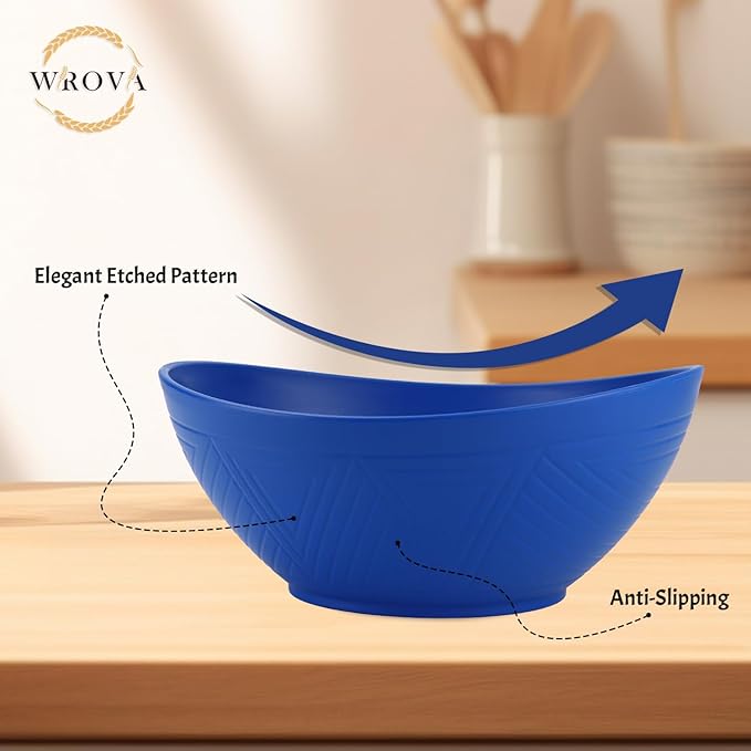 Salad Bowls Set of 6 with Textured Pattern,Unbreakable Wheat Straw Bowls for Cereal,Salad and Snack. Blue