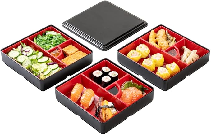Restaurantware-8.3 x 5.9 Inch 5-Compartment Lunch Container, 1 Japanese Style Adult Lunch Container - 3 Stackable Layers, Black & Red Plastic Divided Lunch Box, Greaseproof, Hot & Cold Food