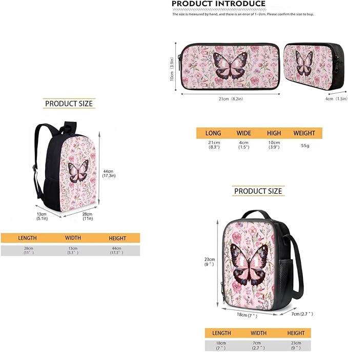 Dolyues Pink Butterfly Kids Backpack Set - Schoolbag for Boys & Girls, Includes Lunch Box & Pencil Case - Perfect for Elementary & Middle School Students