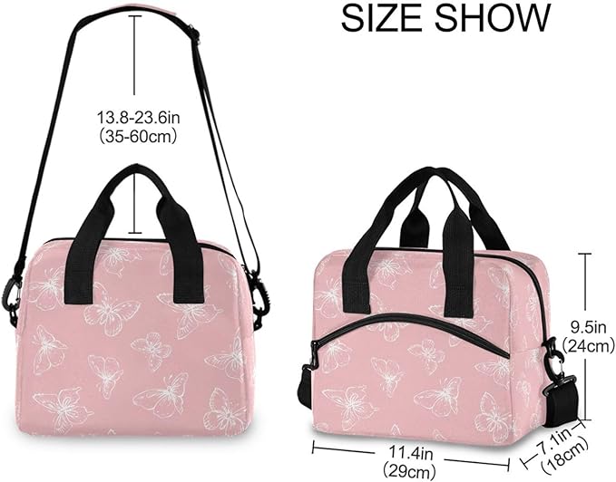 Pink Butterfly Lunch Bag for Man and Women Water-Resistant Fabric Lunch Box, Portable Insulated Meal Tote with Front Pocket