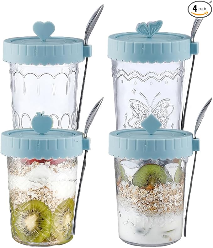 20 OZ Glass Overnight Oats Containers with Lids and Spoons, 4 Pack Wide Mouth Glass Mason jars with Airtight Lids, Meal Prep Jars for Fruit, Cereal, Yogurt, Fridge Dishwasher Safe (Blue)