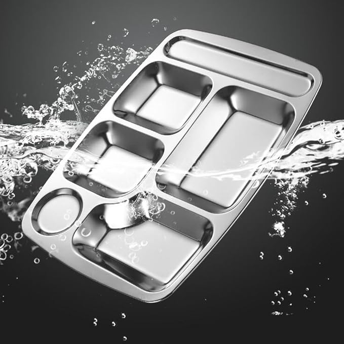 2 Pack Stainless Steel Divided Plates, Large 6 Sections Dinner Plates for Adults,Rectangular Serving Platter for Camping,Unbreakable Divided Portion Plates,Dishwasher Safe