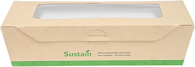 Restaurantware-Sustain 35 Ounce Sturdy Paper Take Out Boxes, 50 Disposable Take Out Food Containers - With PLA lining, Two Clear PLA Windows, Bamboo Paper Containers, Compostable, Tab-Lock Design