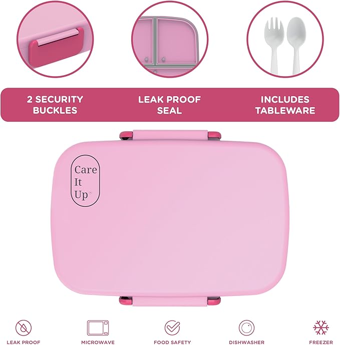 Kids Bento Lunch Box For Boys and Girls With Free Cutlery Set, 6 Sticker Sheets (5+ Years) and Parent Cards - 880 ML Leakproof 3 Compartment Lunch Box for kids, Portion Control Bento Box Kids - Pink