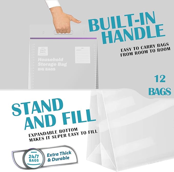 12 Large Plastic Storage Bags, 3 Gallons, Zero BPA, Double Zipper Seal, 3 Mils Thick, Double Layer Carry Handle, 15"x15"x7", Moving, Seasonal, Travel