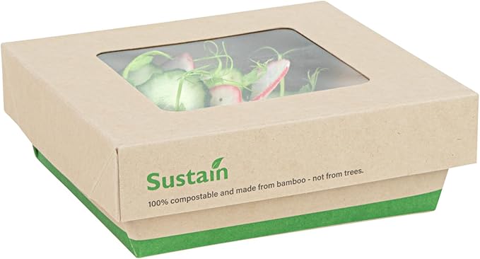 Restaurantware 13 Ounce Bamboo Paper Take Out Boxes, 50 Compostable Containers with Greaseproof Lining and Clear Window Lids